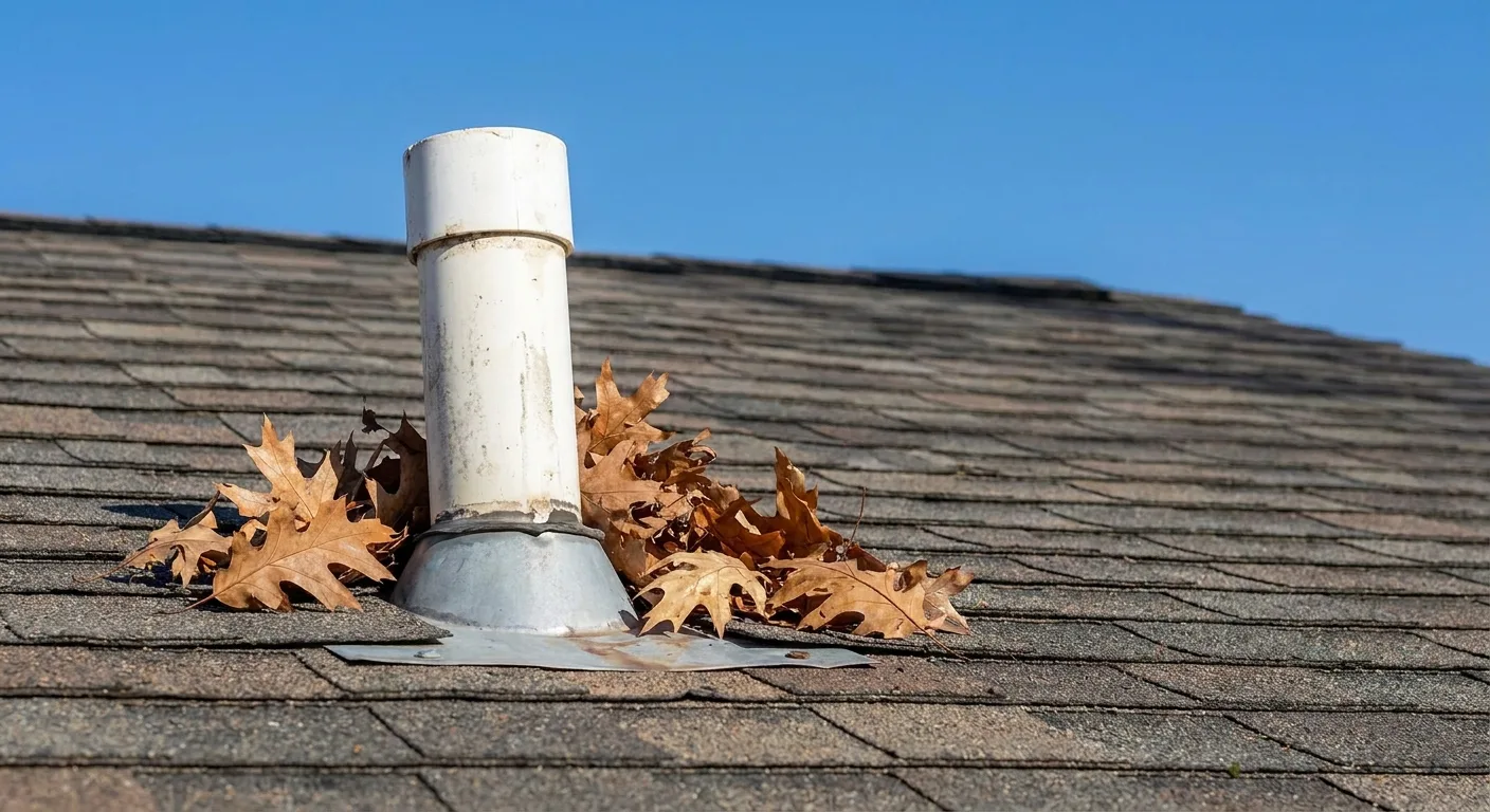 White PVC plumbing vent pipe extending from a shingled roof with fallen leaves clustered around its base.