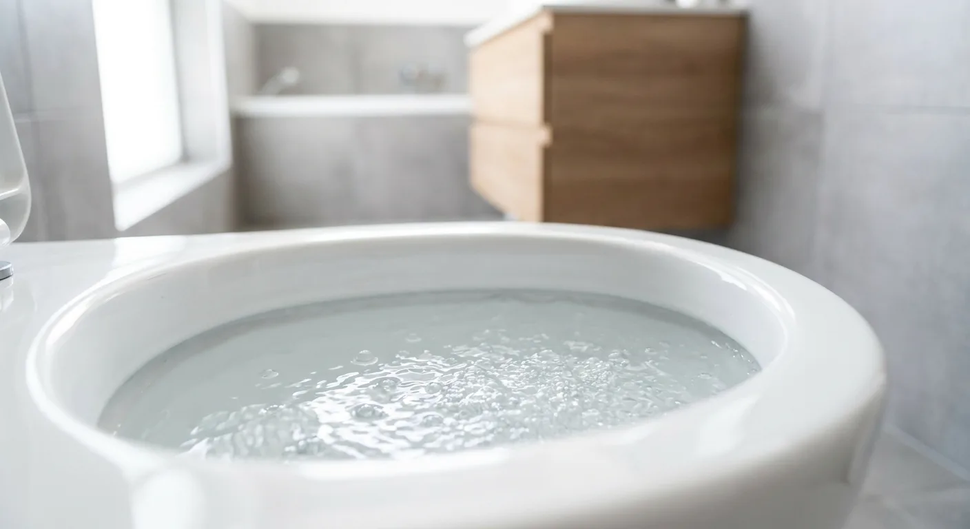 Close-up of water bubbling inside a clean white toilet bowl in a softly lit modern bathroom.