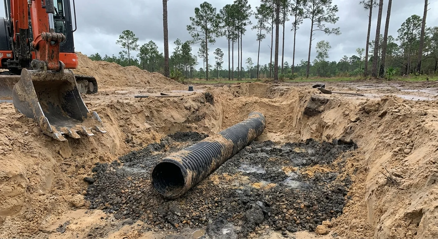 Excavated trench exposing a failing perforated drainfield pipe and clogged gravel during a septic system replacement.