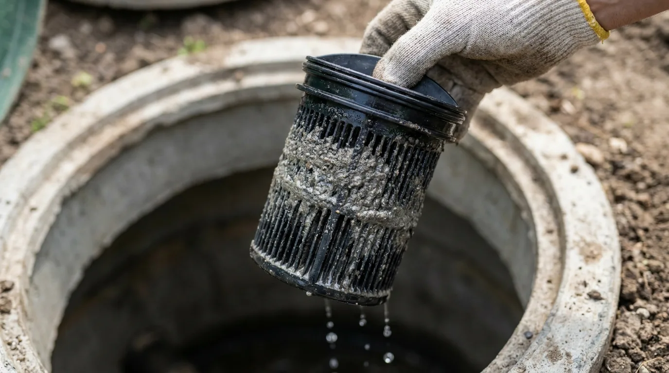 Clogged effluent filter pulled from a septic tank outlet tee
