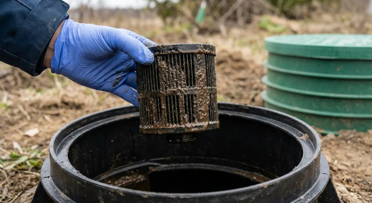 Gloved hand inspecting a dark, residue-coated plastic septic effluent filter cartridge above an access riser.