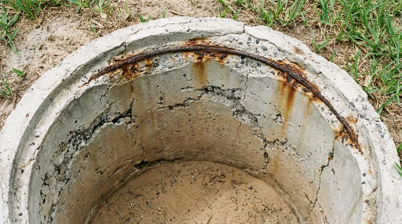 Spalling and exposed rebar on a deteriorating concrete septic tank crown