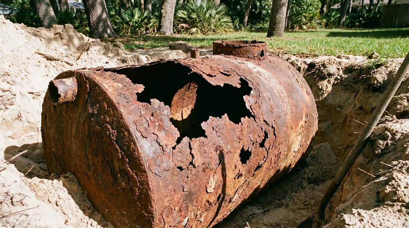 Corroded steel septic tank excavated for replacement