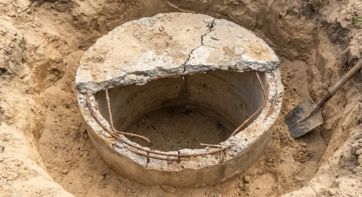 Cracked concrete septic tank with a deteriorated lid needing replacement