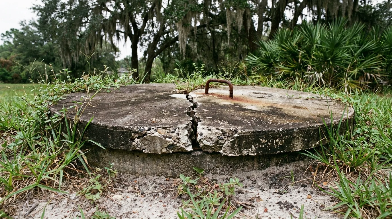 A cracked septic tank lid is a fall hazard that needs replacing