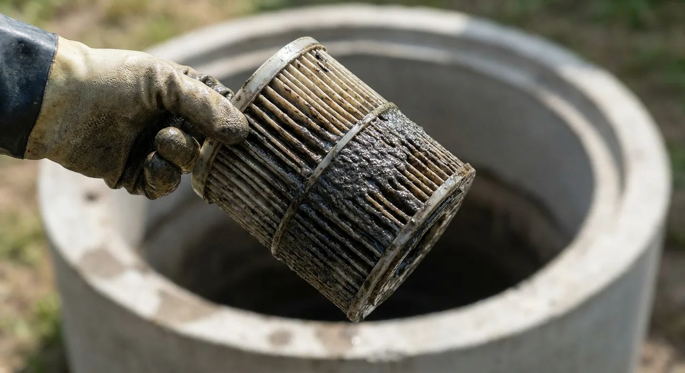 Gloved hand holding a dirty cylindrical septic tank effluent filter covered in dark residue over an open riser.