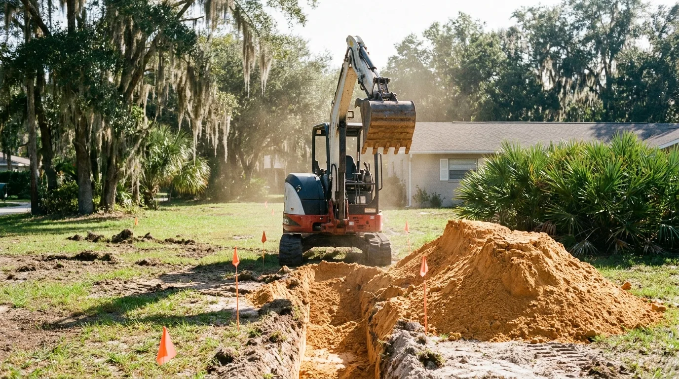 Excavator installing a replacement drain field in Ocala FL