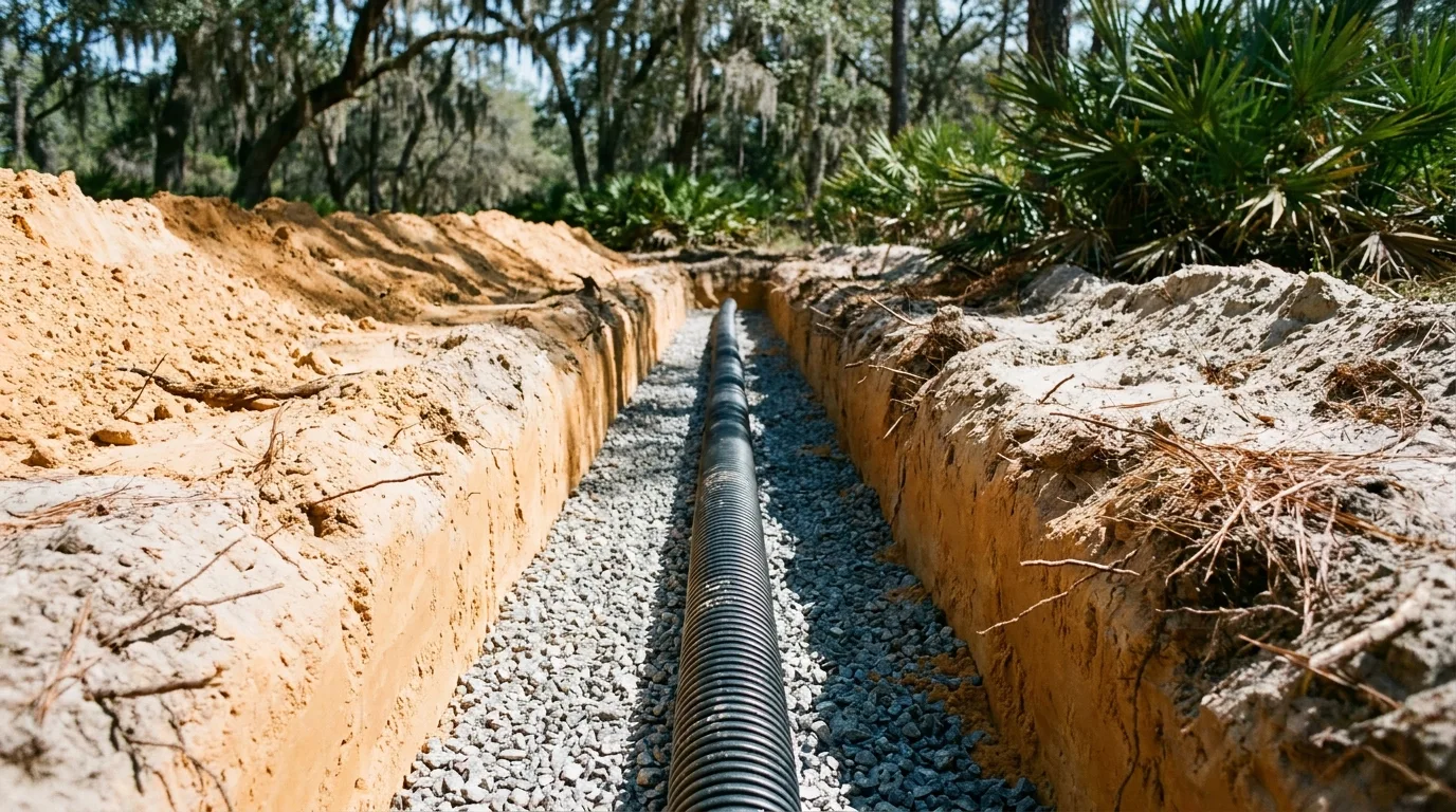 Perforated pipe and gravel trench construction in a septic drain field