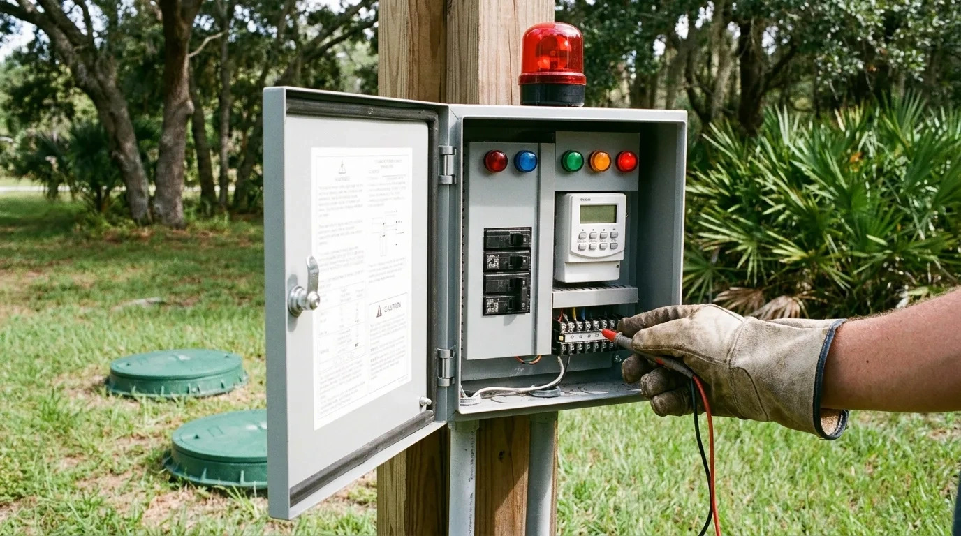 Control panel and alarm on an ENR septic system requiring annual service