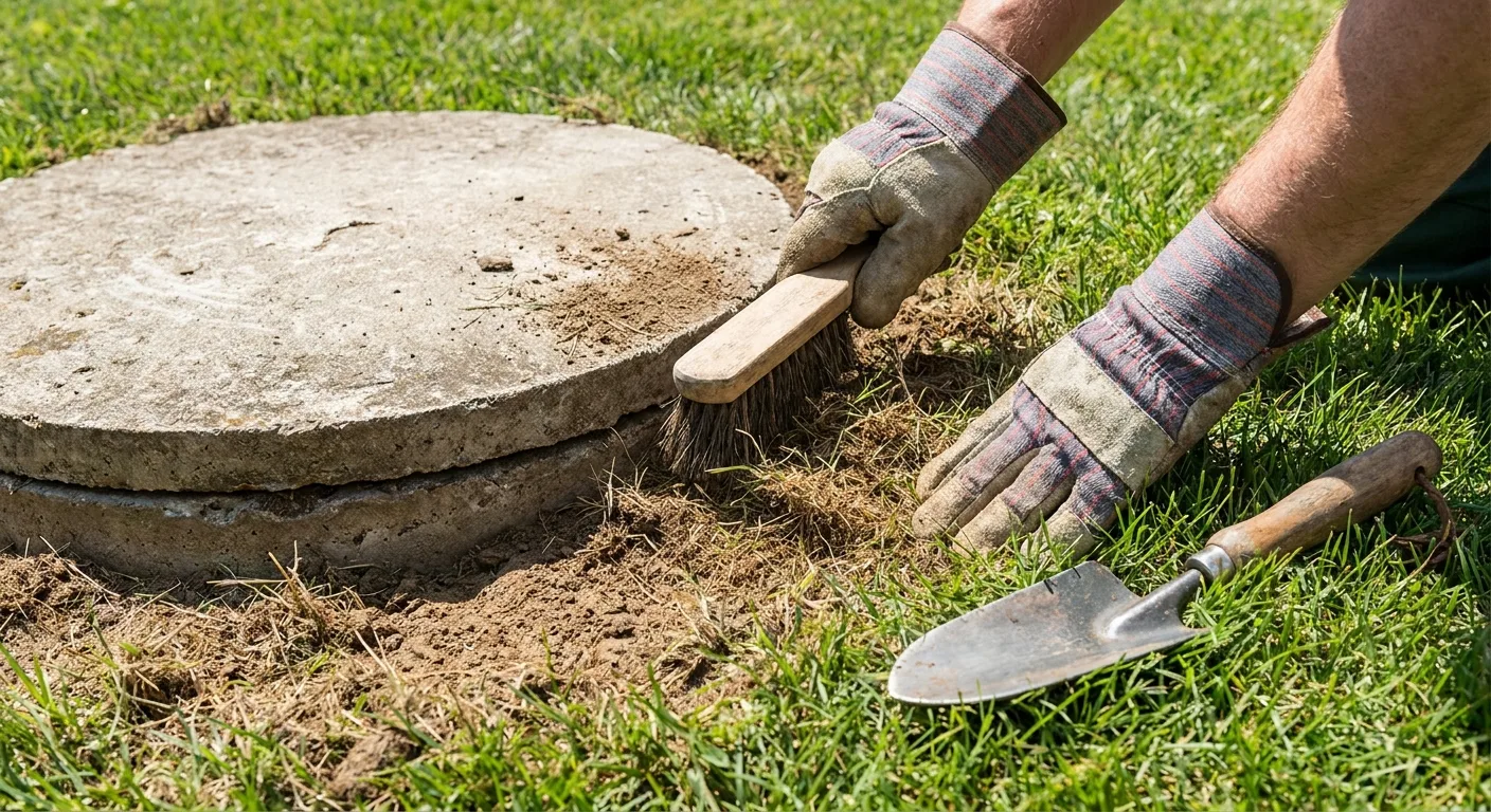 Gloved hands uncovering a concrete septic tank lid in a Florida yard