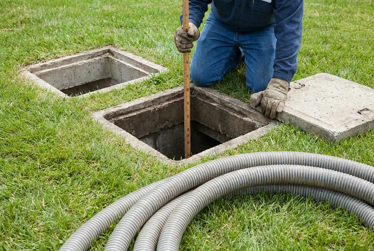 Technician opening both septic tank lids for a full pump-out