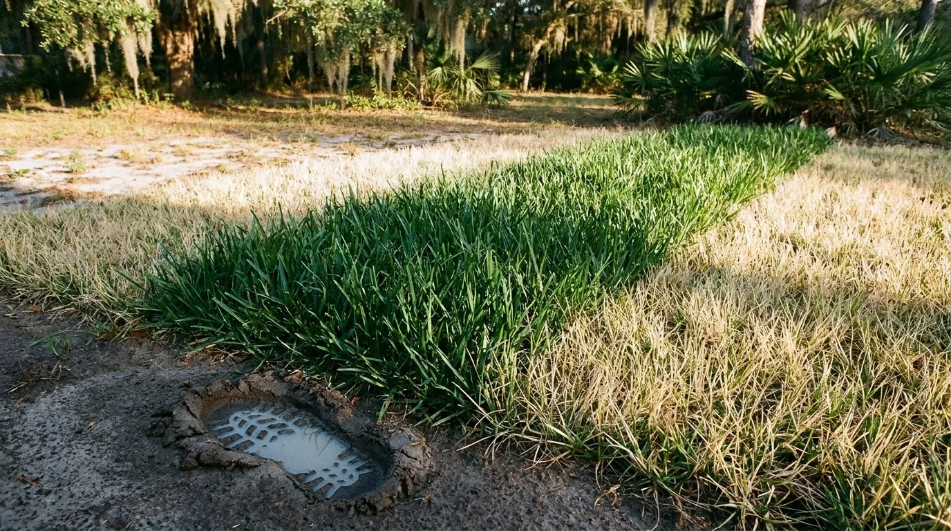 Unusually green grass and soft ground over a failing drain field