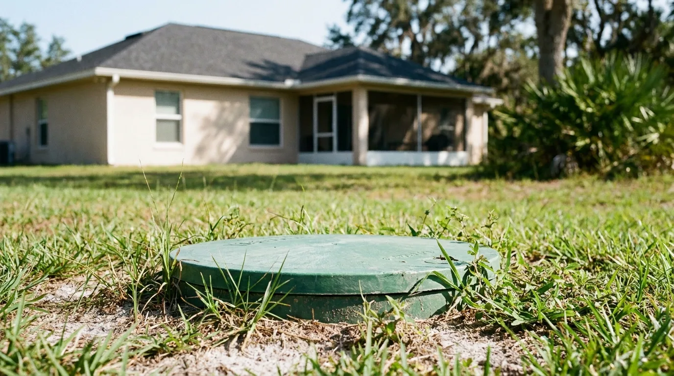 Septic tank access riser visible in a Marion County front yard