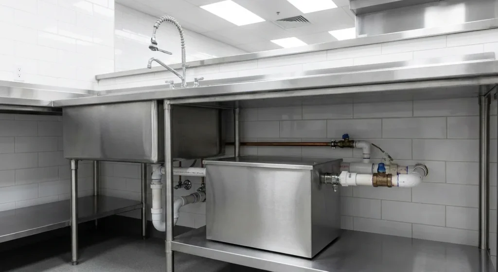 Small indoor grease trap under a commercial kitchen sink