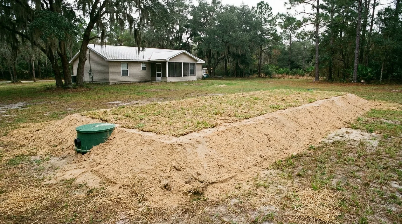 Mound septic system built above grade for a high water table