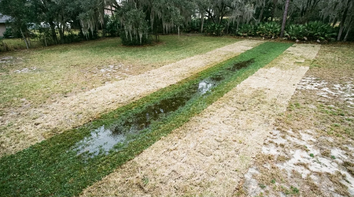 A single saturated strip of drain field points to a distribution box fault