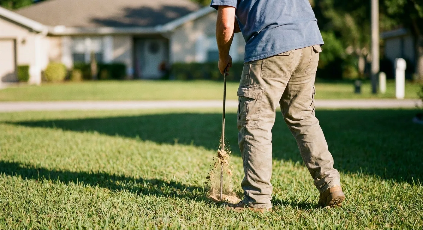 Metal probe pushed into a lawn to locate a buried septic tank in Ocala FL