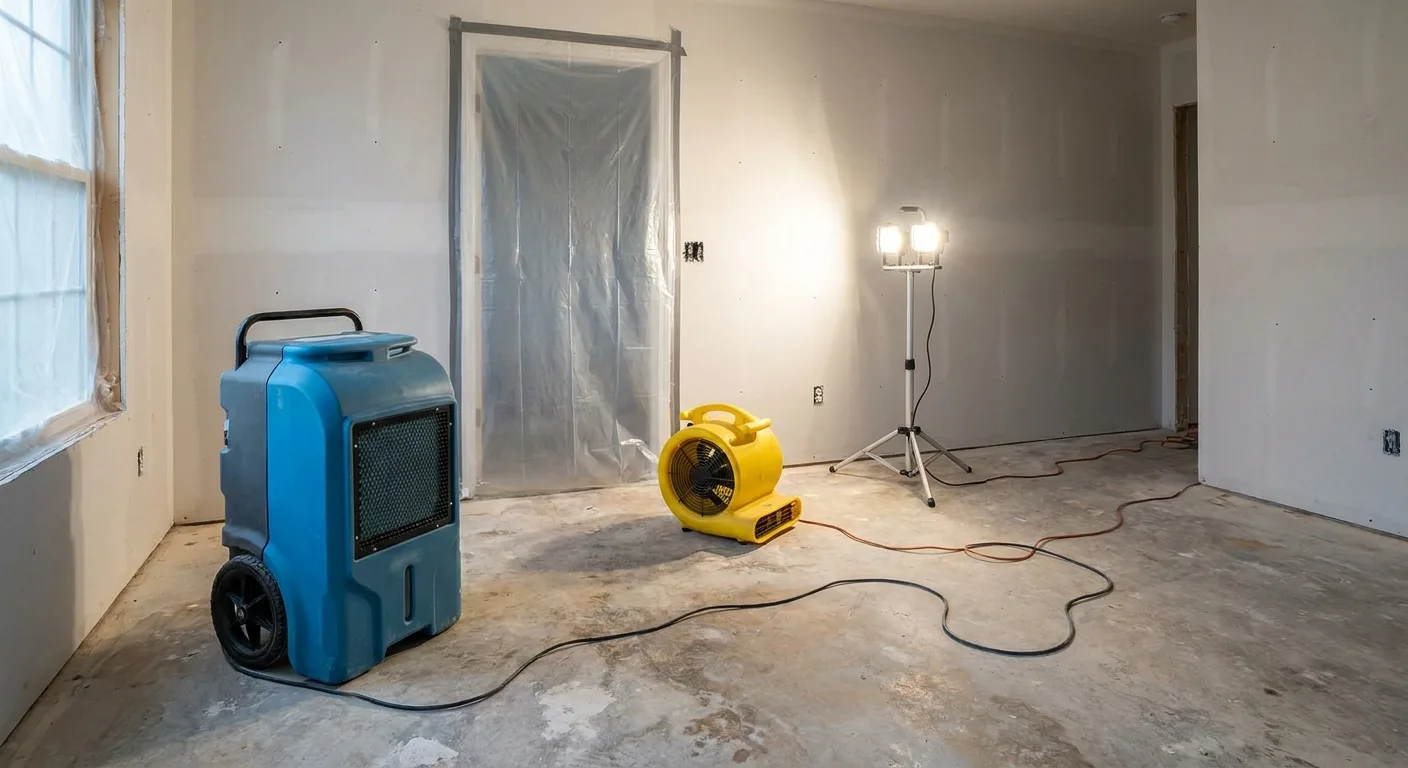 Industrial dehumidifier and air mover drying a bare concrete floor in a room sealed with plastic containment sheeting.