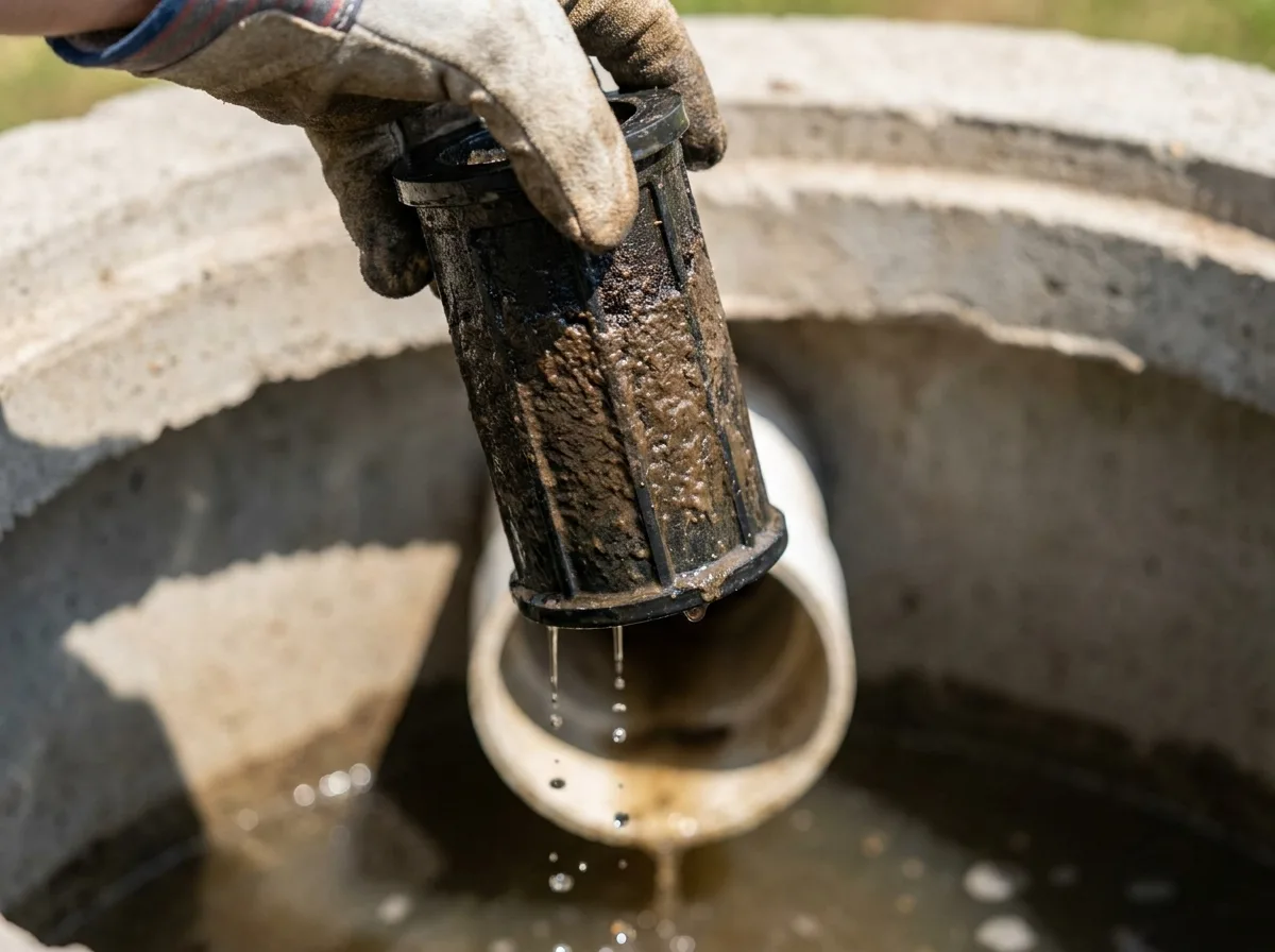 Cleaning a clogged effluent filter on a septic tank outlet