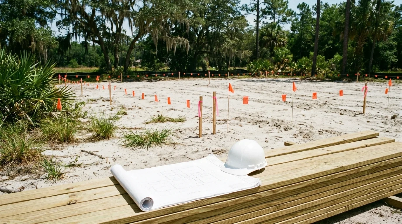 Staking the future drain field area before house construction begins