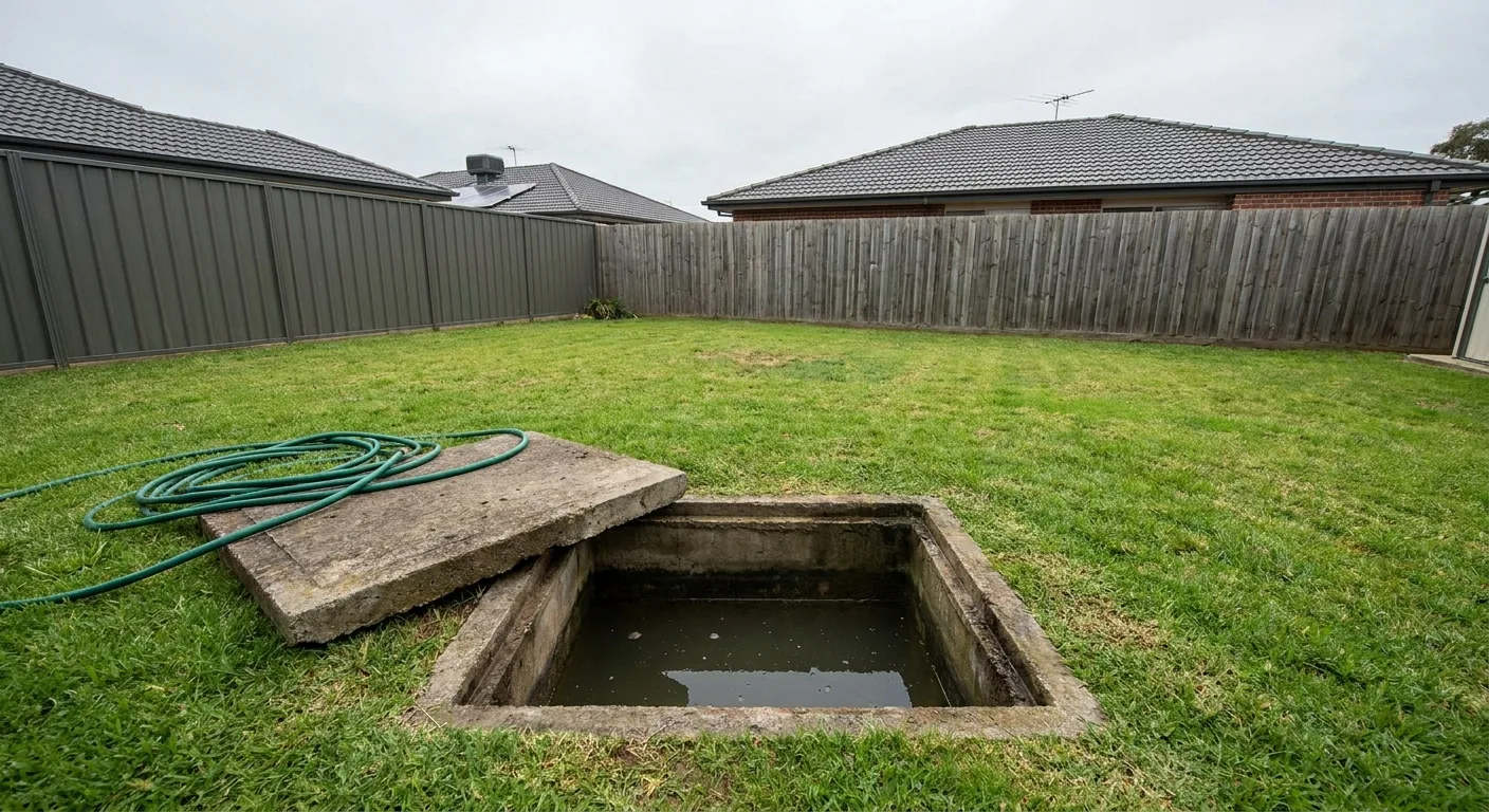 Open concrete septic tank showing a high liquid level at a Marion County Florida property