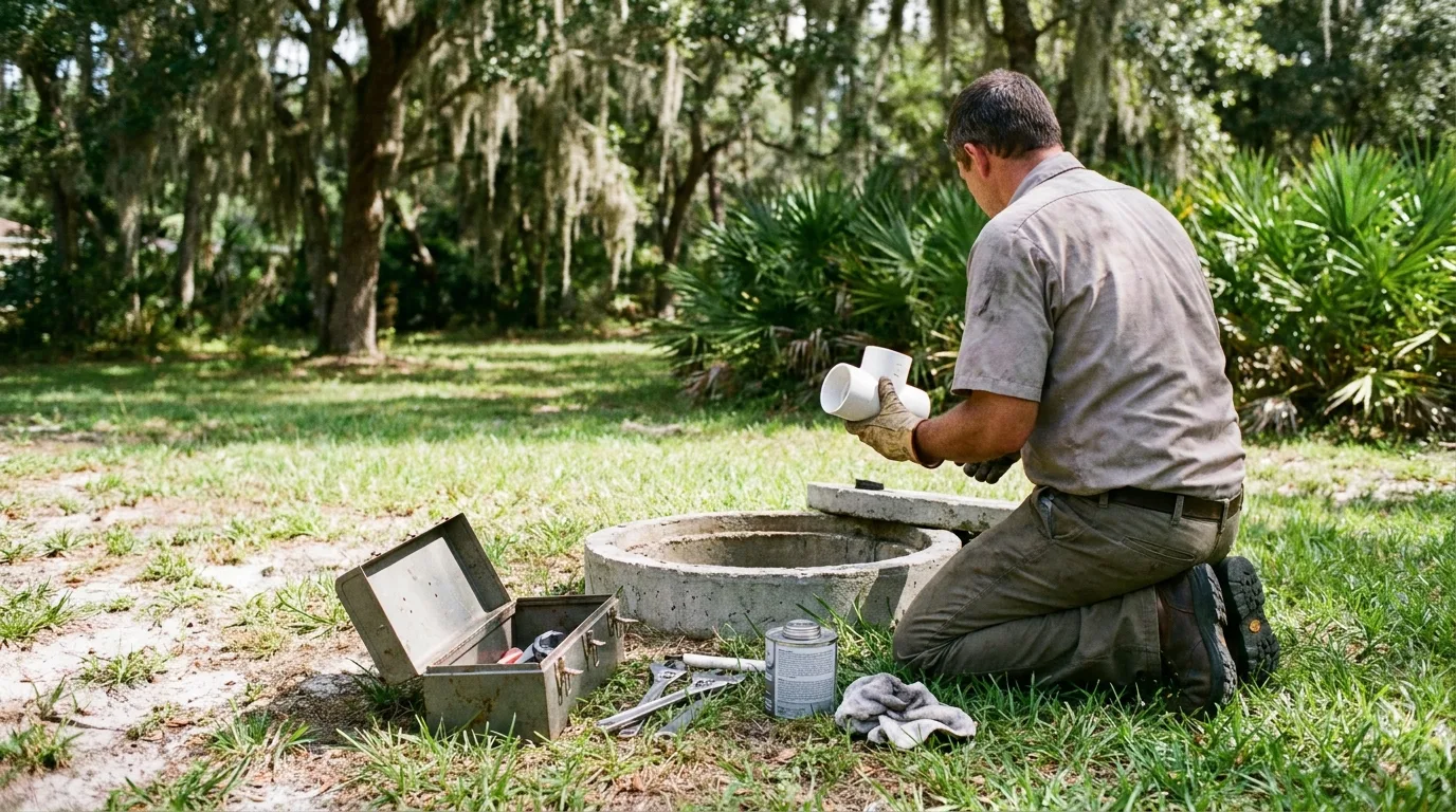 Technician repairing septic tank components in Ocala Florida