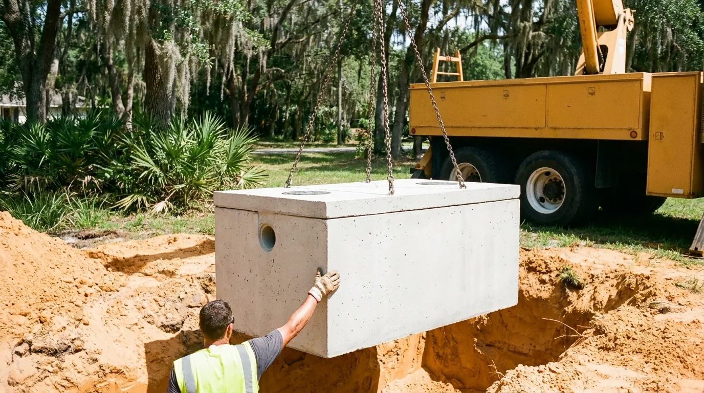 New concrete septic tank being set in place at an Ocala FL home