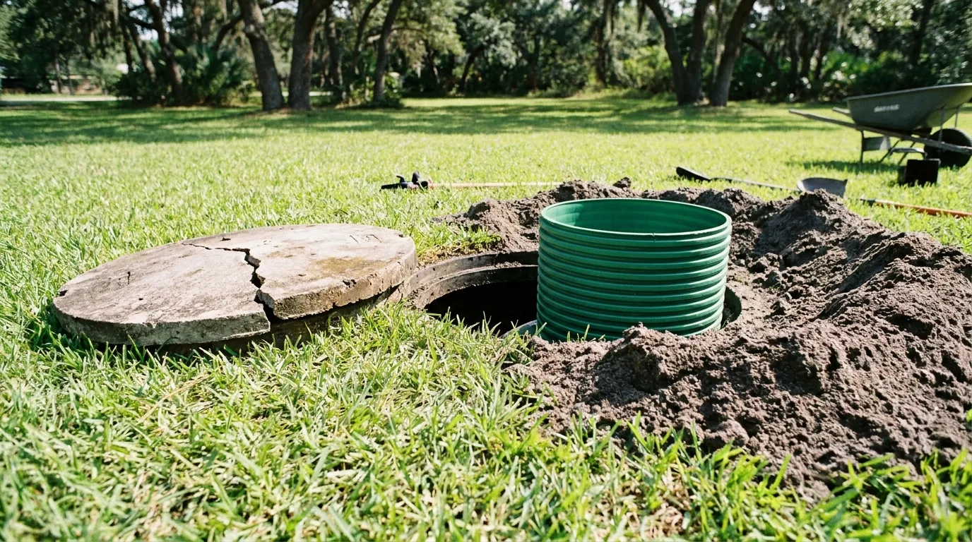 Replacing a deteriorated septic tank lid with a rated riser cover