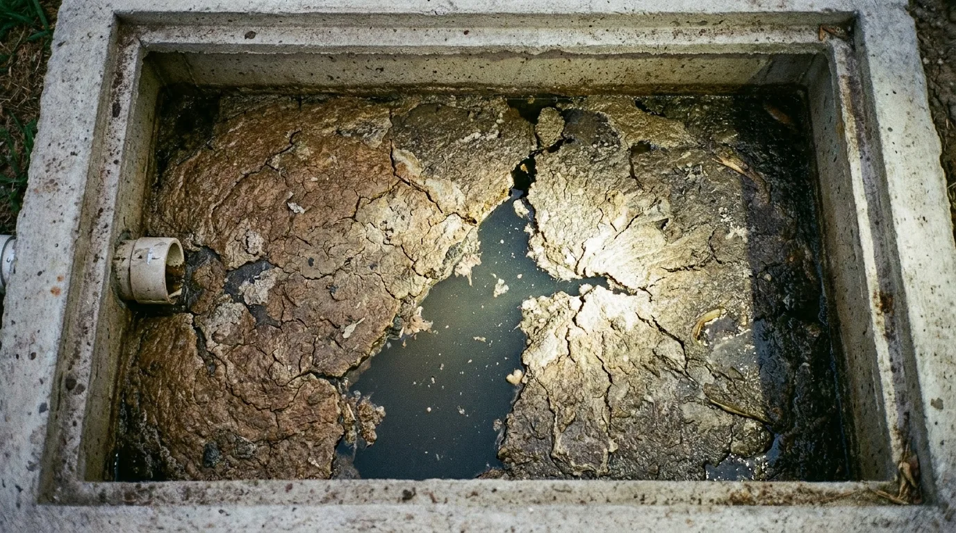 Sludge and scum layers inside a septic tank before pumping