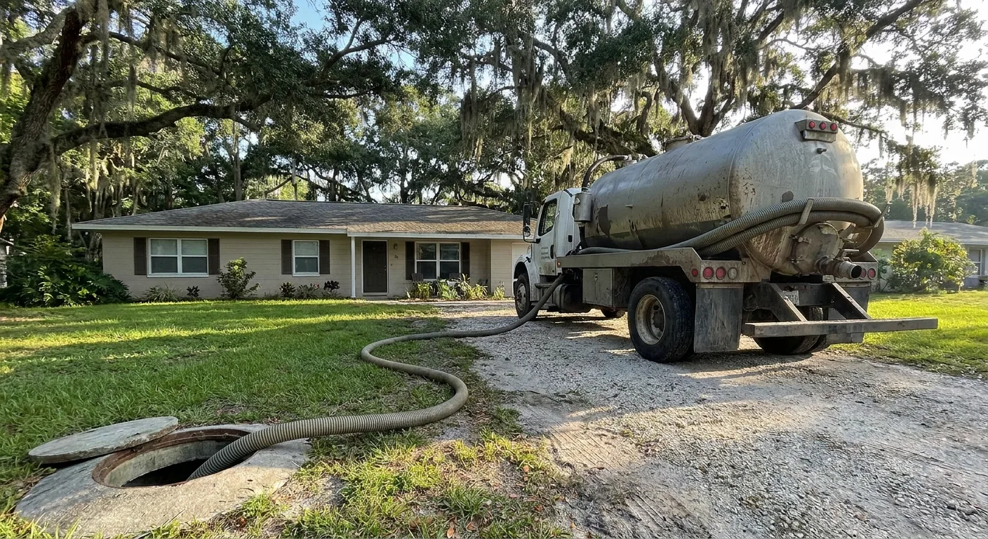 Septic vacuum truck parked in a driveway with a suction hose running across a lawn toward an open tank lid.