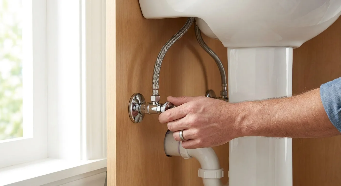 Hand reaching inside a bathroom vanity cabinet to turn a chrome water shut-off valve clockwise.