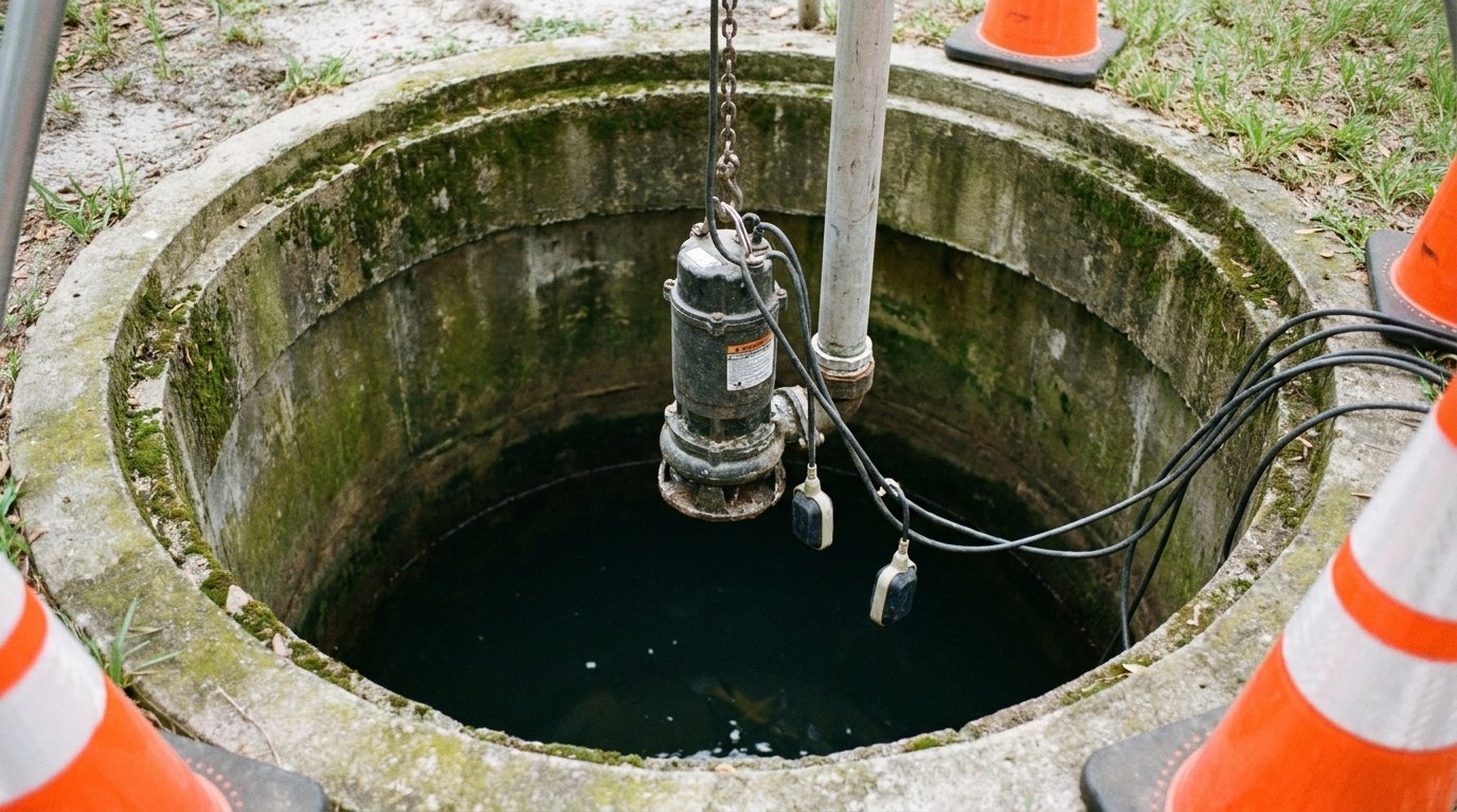 Submersible pump and float switches inside a lift station wet well