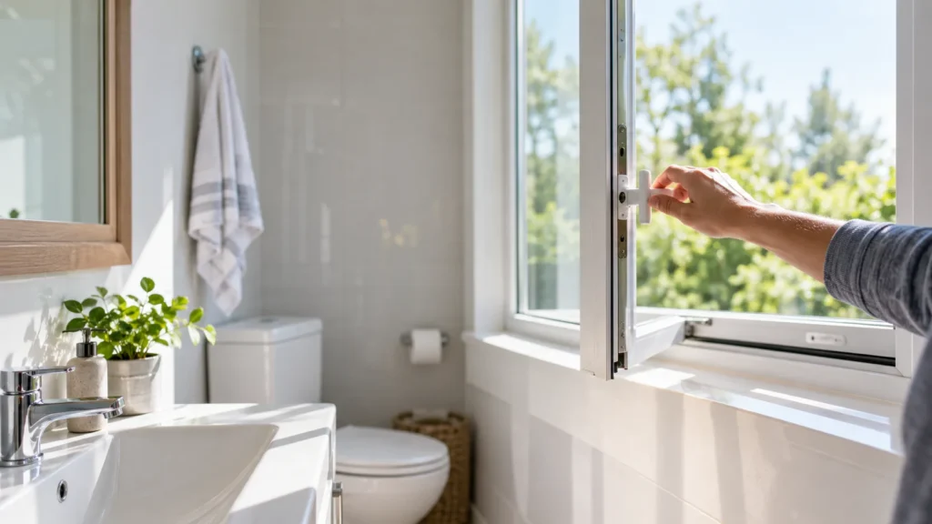 Person opening a bathroom window to improve ventilation and reduce septic odors