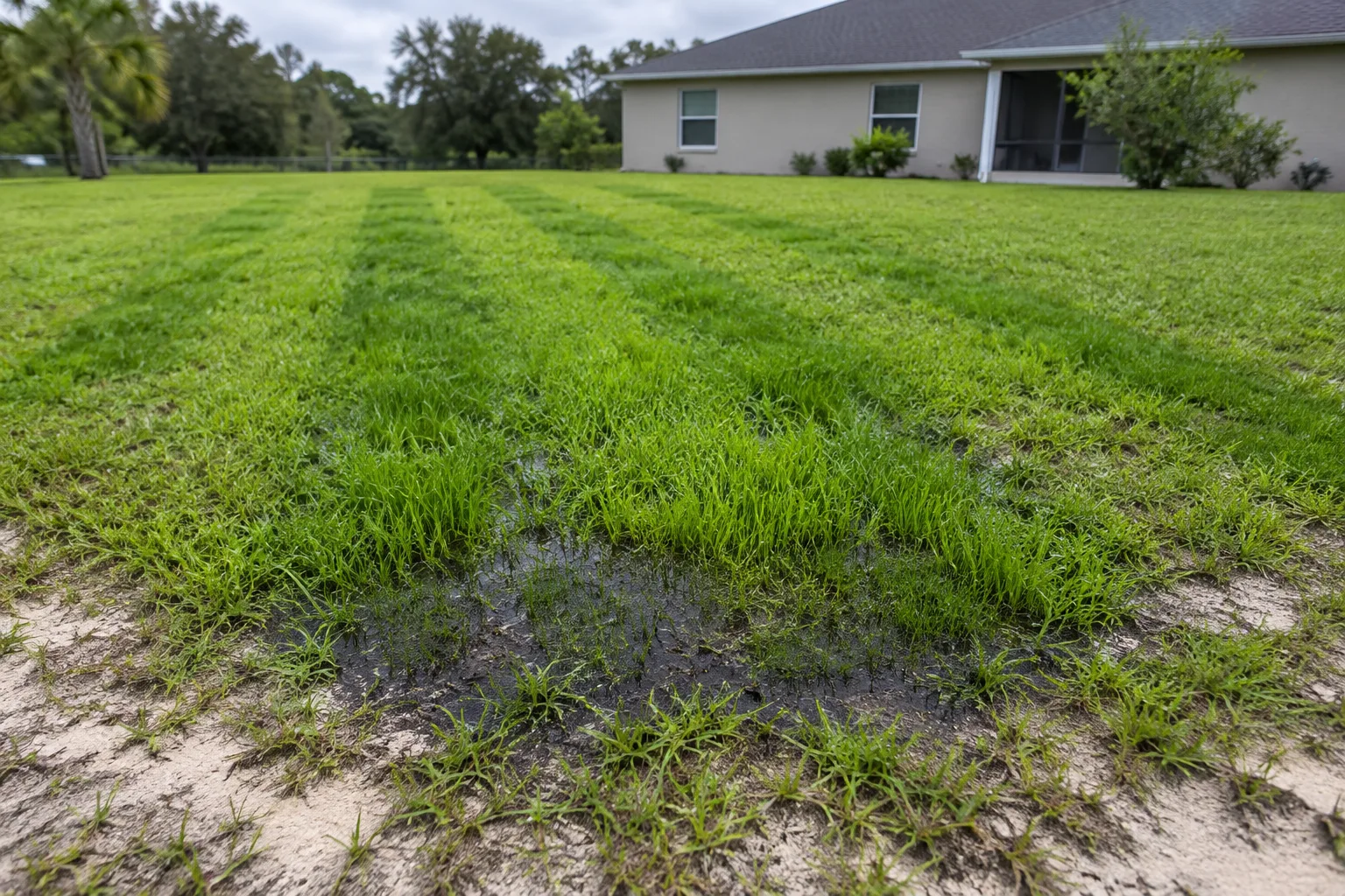 Saturated Florida lawn with dark, wet patches and unusually green grass growing in strips over a septic drain field