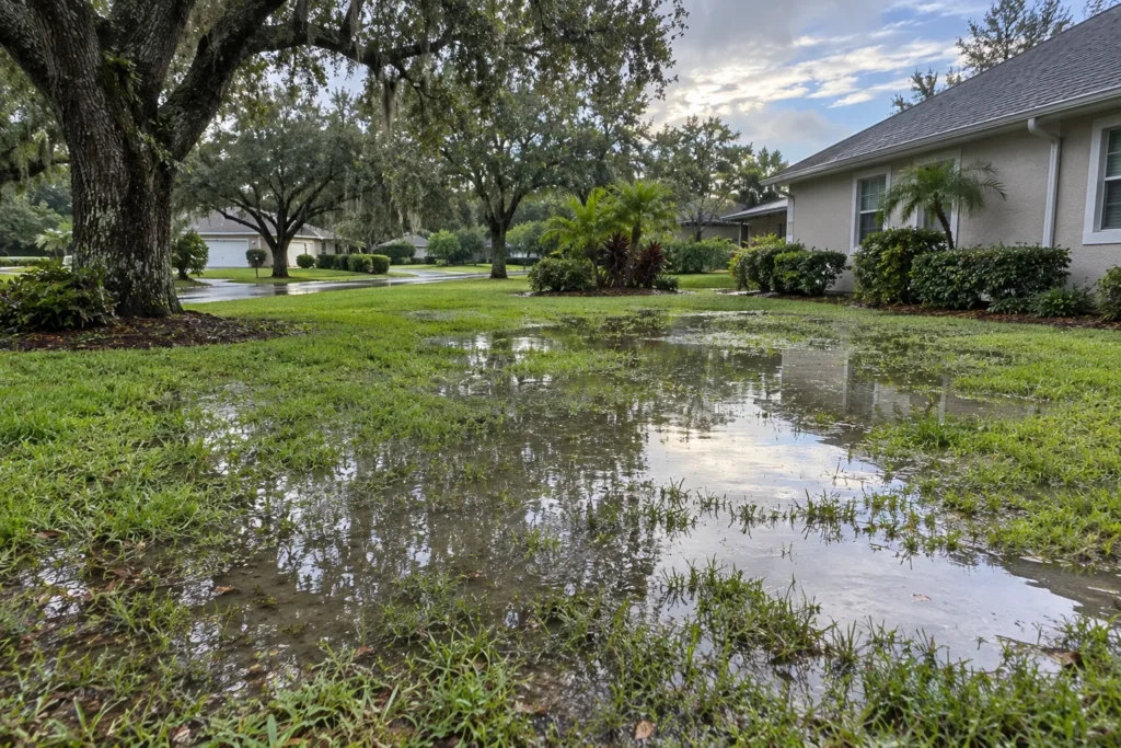Florida residential yard with standing water across the lawn after heavy rain beneath dripping live oak trees