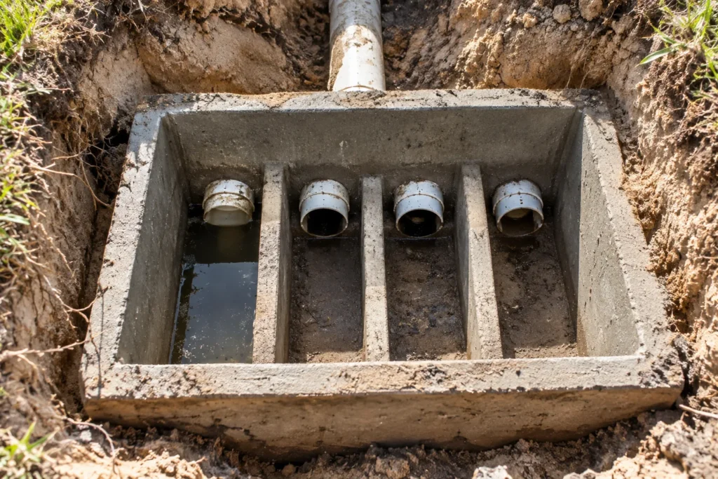 Concrete septic distribution box with standing water in one outlet pipe while the other pipes remain dry