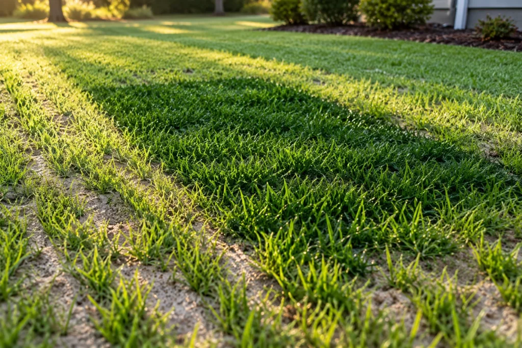 Dark saturated lawn with unusually green grass over a septic drainfield