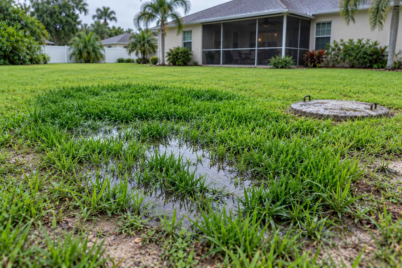 Soft wet ground and greener grass over a drain field causing a sewage smell in a Marion County FL yard